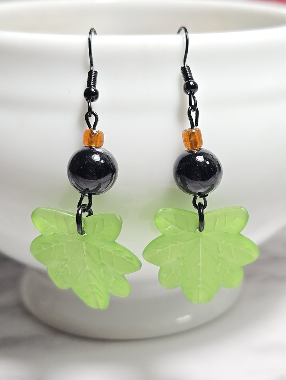 Green Leaf Dangle Earrings with Black And Amber Glass  Beads - Women's Jewelry